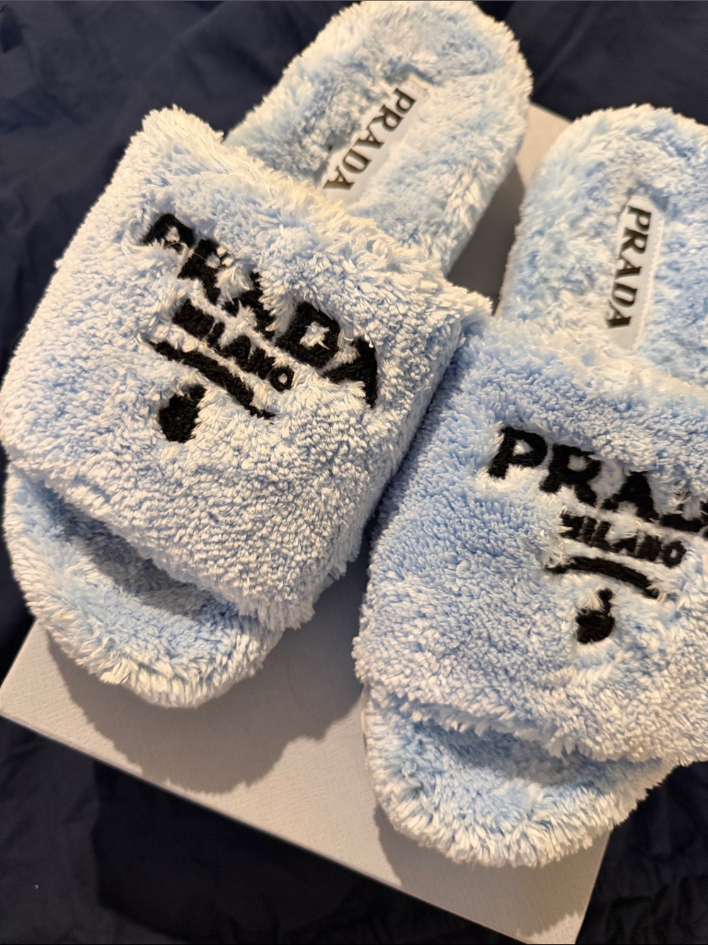 Prada Terry Cloth Slides with Black Logo - Celeste Nero